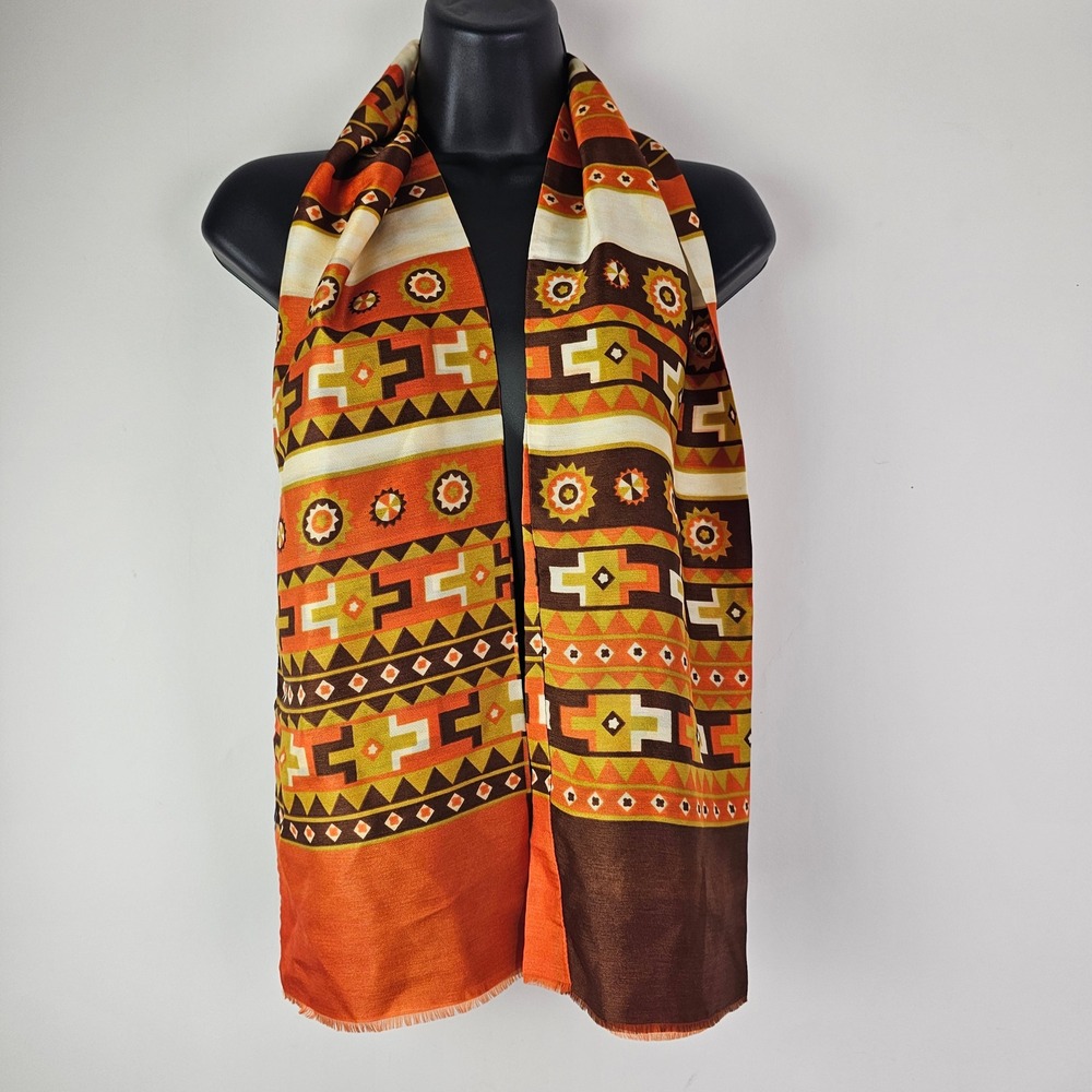 Vintage Geometric Southwestern Scarf Orange Brown Rectangle Polyester Accessory
